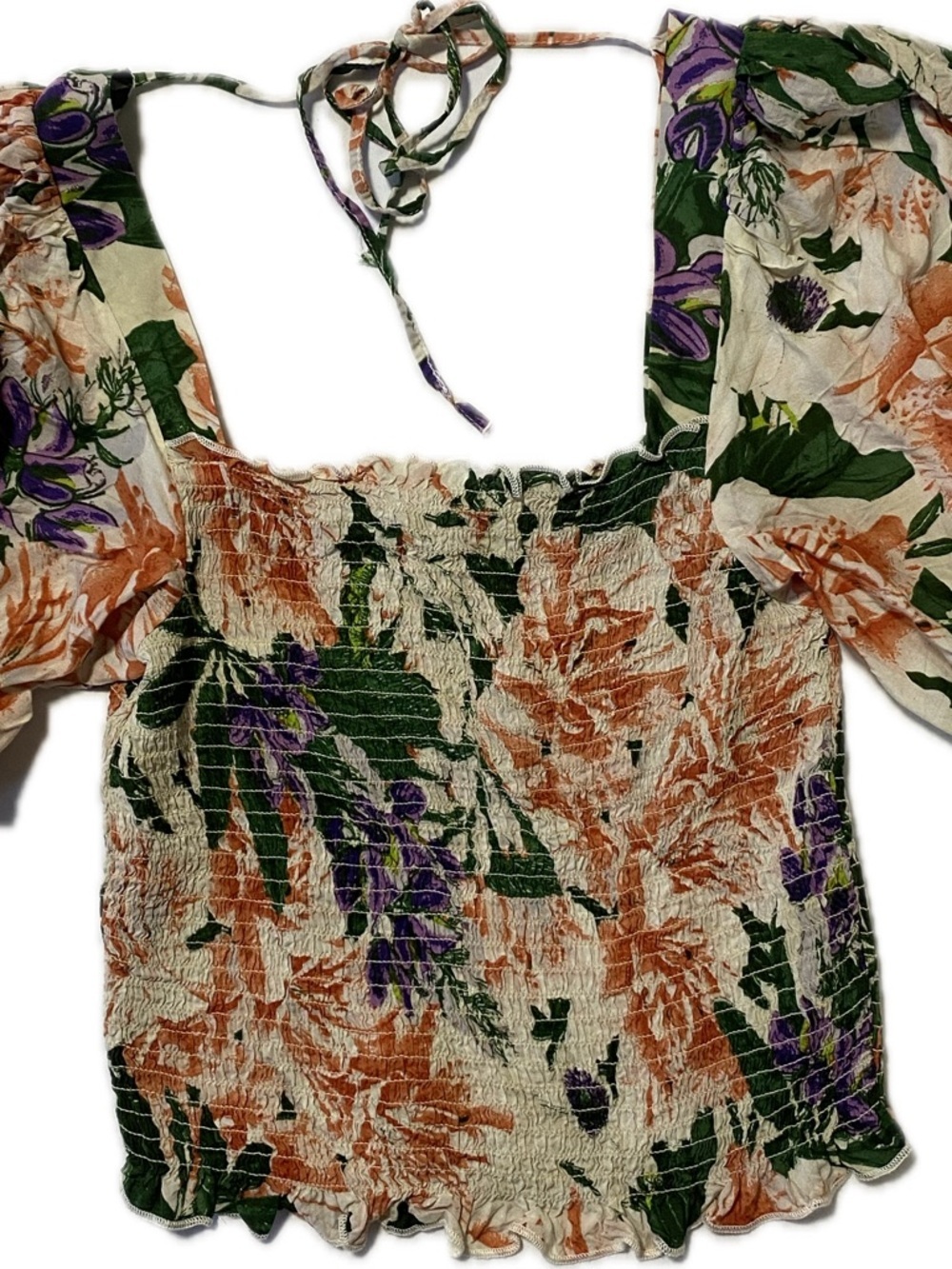 H&M Floral Smocked Crop Top in Cream, Green & Purple